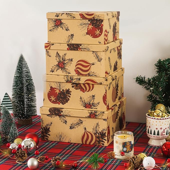 Soul & Lane Christmas Kraft Square Decorative Boxes with Lids - Set of 4 - Retro Cozy Christmas, Reusable Large Nesting Holiday Gift Boxes for Presents and Décor