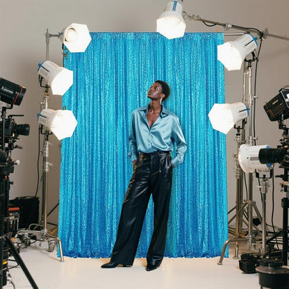 Turquoise Sequin Backdrop Curtain 4 Pieces 2FTx8FT Glitter Photography Backdrop for Party Wedding Birthday Christmas Decorations