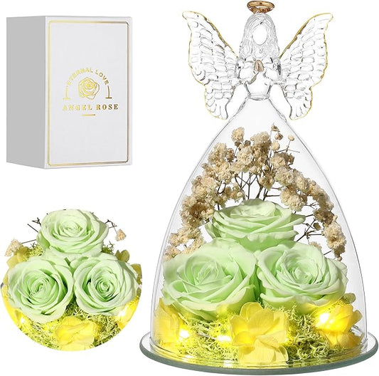 Mothers Day Mom Gifts for Women Preserved Flowers in Glass Angel Forever Flowers Gifts Eternal Roses Gifts for Grandma, Green