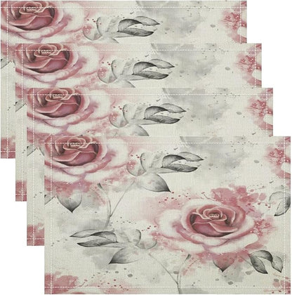 Rose Placemats Set of 6, 17x12 Inch Vintage Romantic Floral Pink Rose Gray Leaf White Table Mats for Home Party Kitchen Dining Decor
