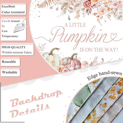 7x5ft Pumpkin Baby Shower Backdrop for Girls Pink Floral Leaves Photography Background Newborn Baby Shower Party Decorations Little Pumpkin Backdrops Banner Supplies Studio Photo Booth Props