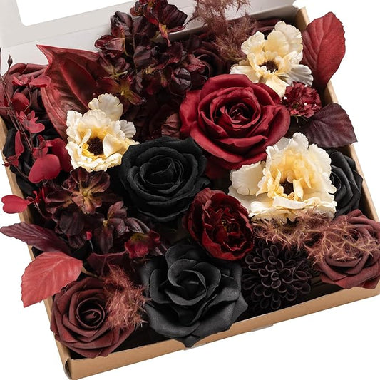 Ling's moment Fake Flowers Box, Faux Artificial Greenery Stems Foam Roses Dahlia Anthurium Silk Hydrangea Fabic Flower for Centerpieces Bouquet Wedding Vase Decorations, Burgundy & Black, Grand Combo