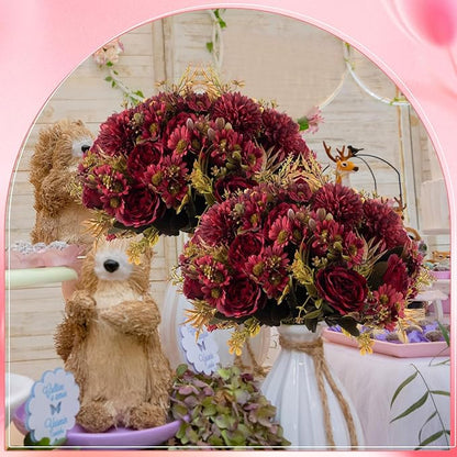 Tigeen Artificial Flowers Artificial Peonies Silk Flowers Faux Peony Fake Peony Silk Hydrangea Bouquet for Wedding Table Centerpiece Floral Vase Decor(Claret,12 Bundles)
