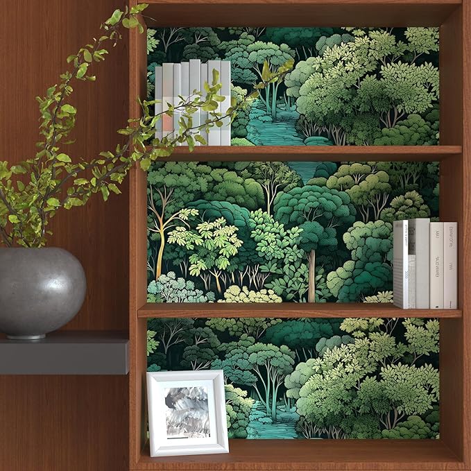 Forest Wallpaper Peel and Stick, Green Trees Contact Paper, Vintage Woodland Mountain Botanical Wall Paper Self Adhesive Waterproof Removable for Room Shelves Cabinet Drawer Table Decor 17.5" x 118"