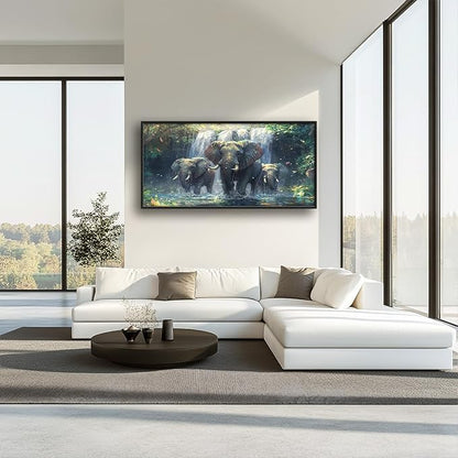 Large Elephant Wall Art for Living Room, Framed Oversized Forest Waterfall Wall Decor, Nature Landscape Canvas Painting Wildlife Artwork for Living Room Dining Room Bathroom Bedroom Office 60"x30"