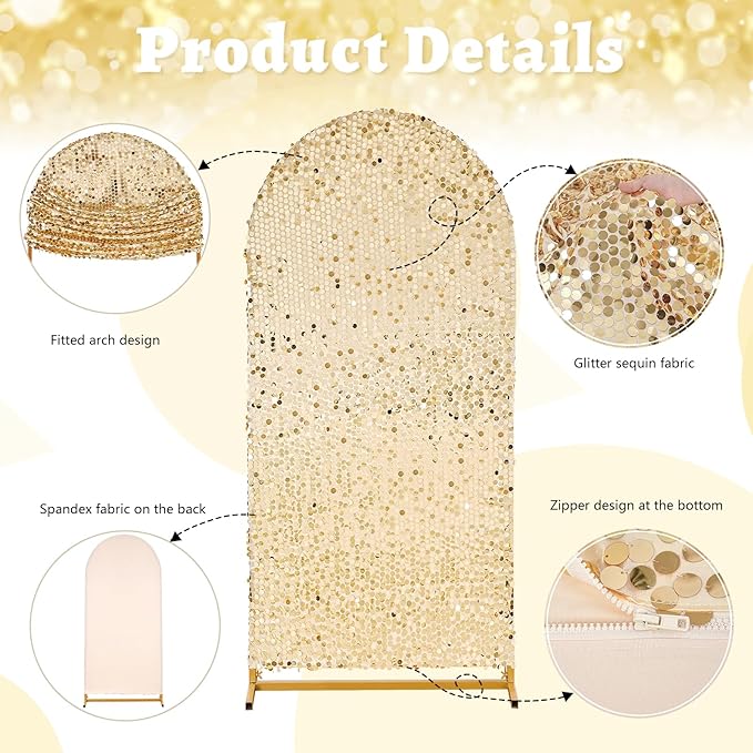 Big Payette Sequin Arch Cover: Light Gold 7.2 FT Arch Backdrop Cover for Arch Stand Glitter Wedding Arch Cover Backdrop Fabric for Birthday Halloween Celeberation