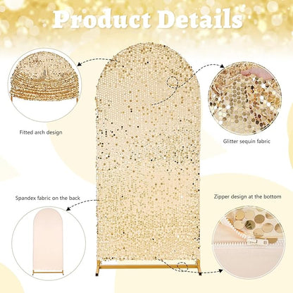 Arch Backdrop Cover 6.6FT Sparkly Light Gold Sequin Wedding Back Drop Fitted Arch Stand for Birthday Party Decoration