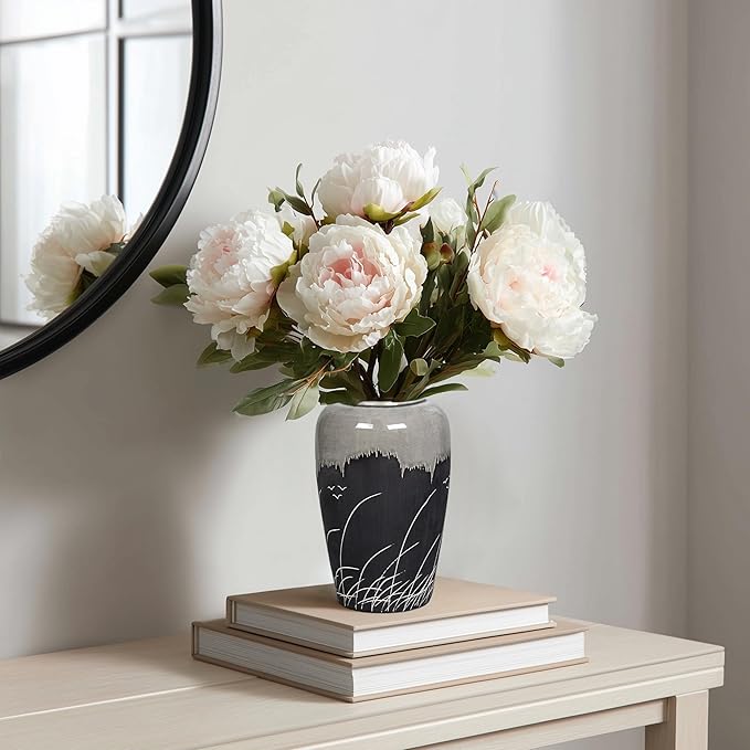 Black and Gray Vase, 8 Inch Grey Ceramic Vase with Crackle Finish, Minimalist Decorative Vases for Modern Home Decor, Office Desk, Living Room Table Centerpiece