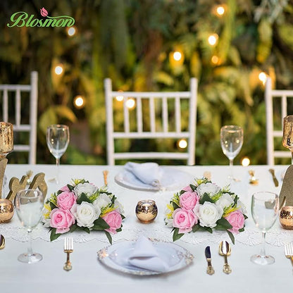 BLOSMON Flower Balls Rose Centerpieces: 2 Pcs Pink 9.5 Inch Fake Flowers Kissing Balls Decor Artificial Wedding Floral Arrangements Silk Flower Bouquet with Base Home Party Room Table DIY Decorations