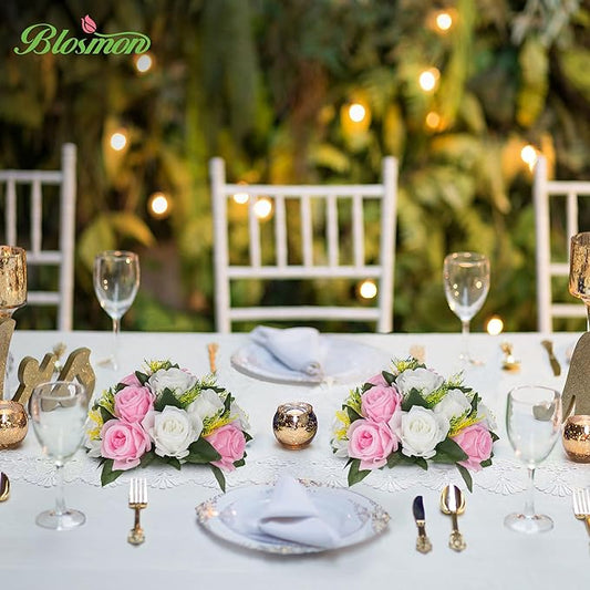 BLOSMON Flower Balls Rose Centerpieces: 2 Pcs Pink 9.5 Inch Fake Flowers Kissing Balls Decor Artificial Wedding Floral Arrangements Silk Flower Bouquet with Base Home Party Room Table DIY Decorations