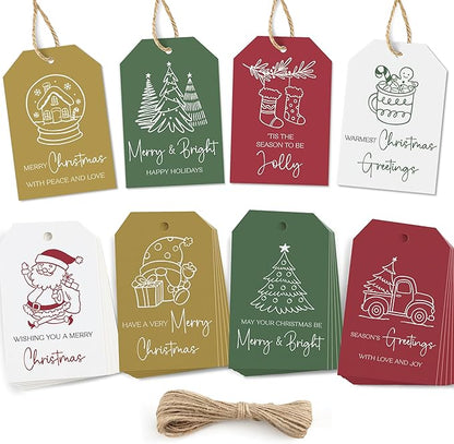 AUDREE 48 Pcs Christmas Gift Tags with String - Funny Holiday Gift Tags for Xmas Presents - Christmas Name Tags for Gifts - Hanging Labels Decoration Xmas Winter Holiday Present DIY Crafts