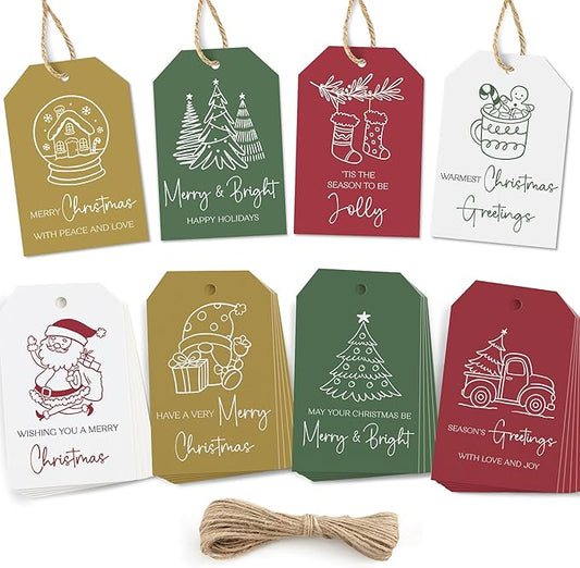 AUDREE 48 Pcs Christmas Gift Tags with String - Funny Holiday Gift Tags for Xmas Presents - Christmas Name Tags for Gifts - Hanging Labels Decoration Xmas Winter Holiday Present DIY Crafts