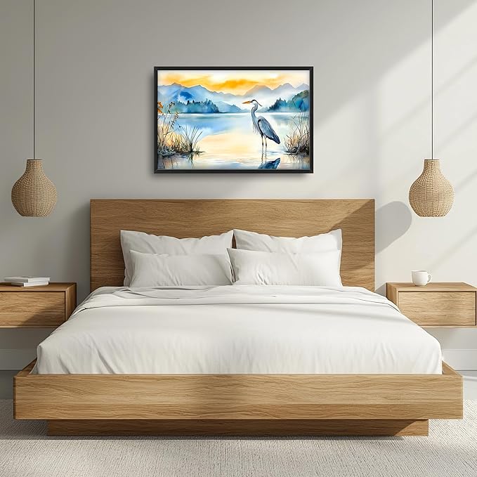 Heron Bird Large Decor Wall Art Mountain Landscape Framed Pictures for Living Room, Oversized Canvas Print Painting Modern Extra Large Framed Artwork for Bedroom Office Home Decor 36"x24"