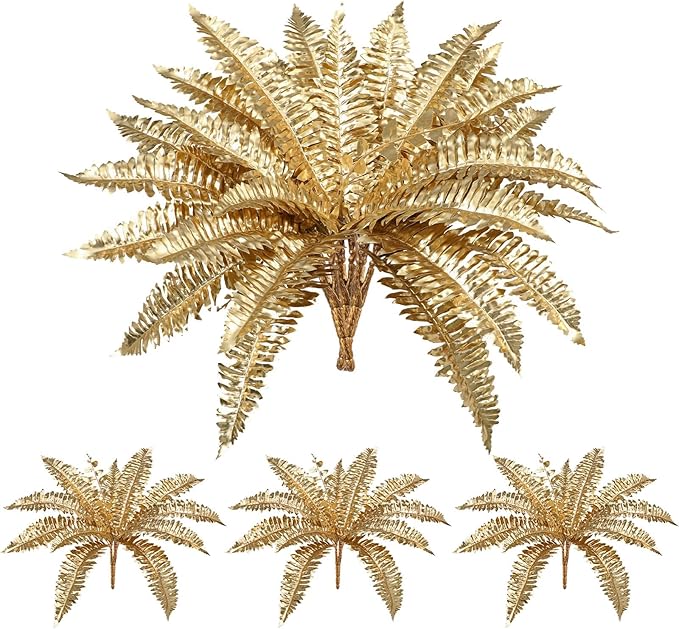 Artificial Gold Ferns Stems Christmas Branch 3Pcs Fake Leave Flower Plant Faux Plant for Vase Bouquets Table Centerpieces Decoration Home Decor