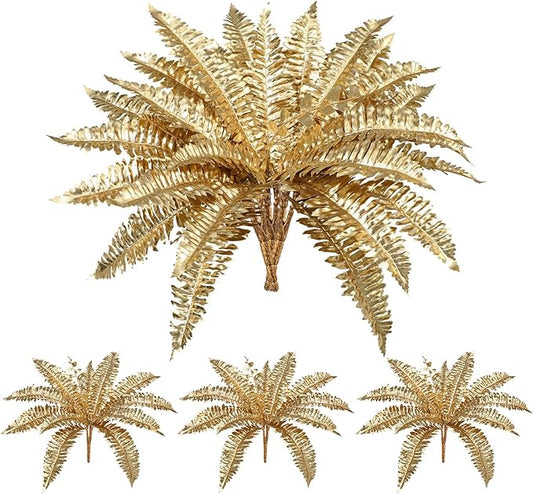Artificial Gold Ferns Stems Christmas Branch 3Pcs Fake Leave Flower Plant Faux Plant for Vase Bouquets Table Centerpieces Decoration Home Decor