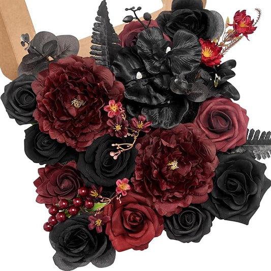 Serwalin Burgundy Black Artificial Flowers, Fake Silk Flowers for DIY Wedding Bridal Bouquet, Wedding Cake Flowers for Table Centerpieces Floral Arrangements Party Home Decorations