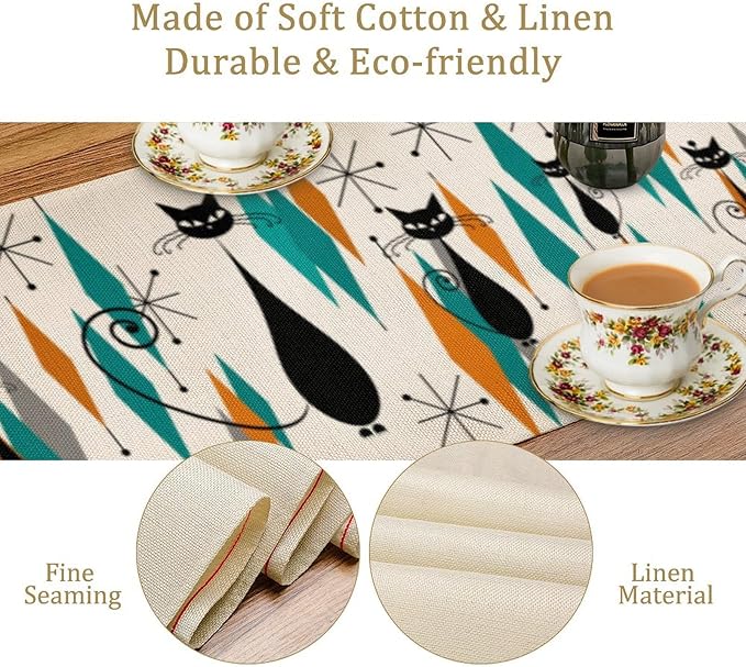 Mid Century Modern Black Cat Table Runner,Table Runners for Kitchen Dining Tables Decor Decoration for Kitchen Family Dinner Table Holiday Party Farmhouse 13 x 108 Inch