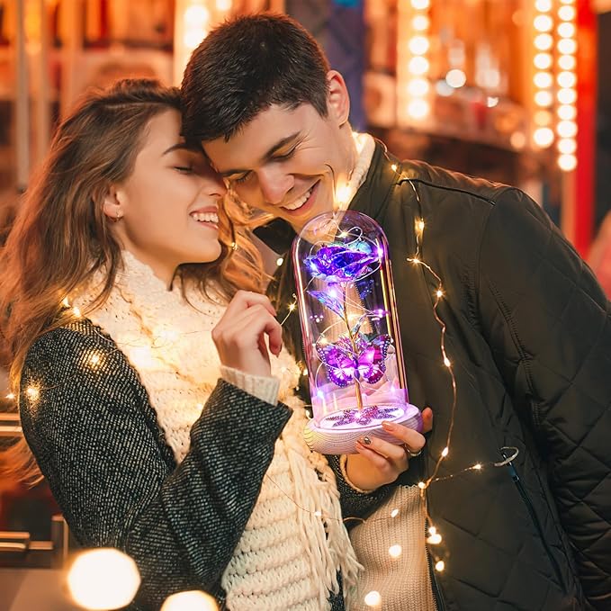 Beferr Christmas Rose Gifts for Women Mom Birthday Gifts, Galaxy Glass Rose Forever Preserved Flowers for Delivery Prime Light Up Rose in Glass Dome with Butterfly Xmas Gifts for Grandma Her Wife