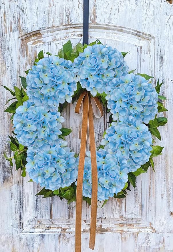 Hollyone Light Blue Silk Hydrangea Artificial Flowers Heads 7.4inch Large Fake Hydrangea 4Pcs Full Faux Flowers with Stems for Wedding Party Table Centerpieces Flower Arrangement Home Decor