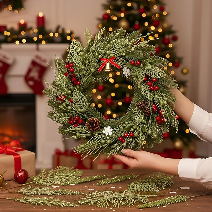 30 Pcs Artificial Christmas Tree Picks and Sprays Glitter Berry Stem Branches Holly Floral Picks Twigs Christmas Tree Ornaments for DIY Xmas Wreath Vase Filler Decorations (Green)