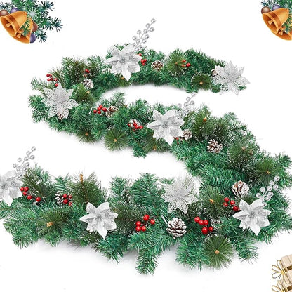 24Pcs Christmas Poinsettia Artificial Flowers and Glitter Berries Kit, 2 Styles Total 16Pcs Christmas Tree Flowers Ornaments, 8Pcs Christmas Tree Picks for Wedding Holiday Decorations, Silver