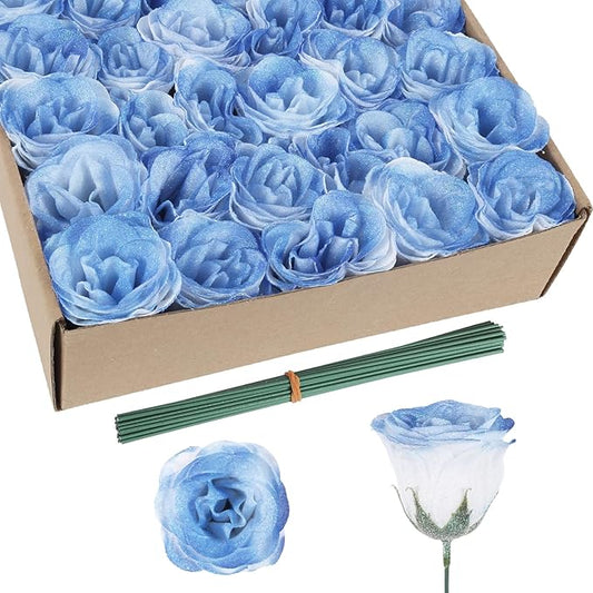 Blue Glitter Roses Bouquet,30PCS Fake Roses Artificial Flowers with Stems for Wedding Party Christmas Valentine's Day Home Decor (Gradient Dark Blue)