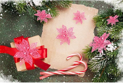 Boao Pink 24 Pieces Poinsettia Flower Christmas Glitter Artificial Poinsettia with Clips Christmas Tree Ornament Decorations for DIY Xmas Wreath Holiday Home Party Decor, 3/4/6 Inches