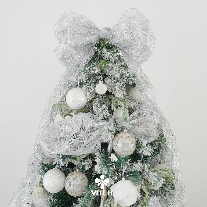 MEEDEE Silver Glitter Mesh Star Web Ribbon 10 Inch Wide by 10 Yards Roll Silver Fabric Ribbon Decorative Mesh Ribbon for Christmas Tree, Garland, Holiday Wreaths, Bows
