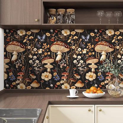 Peel and Stick Wallpaper Mushroom Wallpaper Vintage Floral Contact Paper Leaf Wall Paper for Shelf Liner Backsplash Living Room Renter Friendly Removable 17.5 x 118In