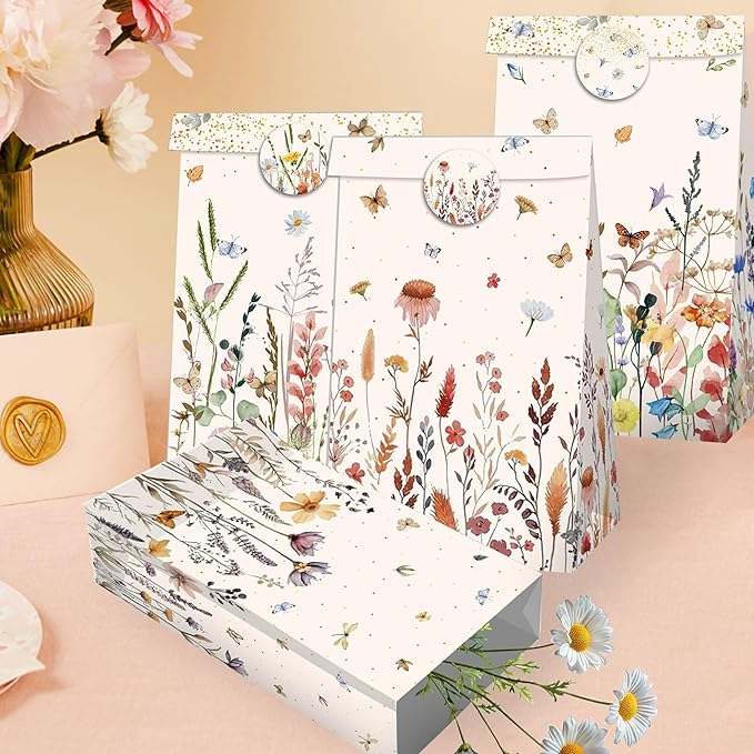 12 PCS Wildflower Party Favor Gift Bags Boho Floral Small Candy Goodie Bags Boxes with Stickers Wildflower Bridal Shower Birthday Wedding Party Supplies