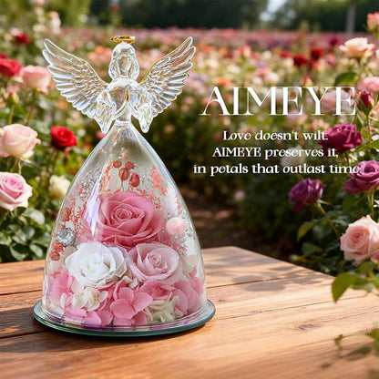 Christmas Roses Gifts for Mom,Preserved Real Flowers Roses in Glass Angel Figurines, for Grandma Women Mom Wife Mother in Law/Pink