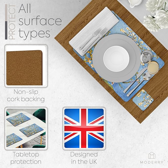 Set of 4 Heat Resistant Cork Placemats for Dining Table with Free Set of 4 Matching Drink Coasters Van Gough Blue Botanical Design 16 x 12 Inches Cork Backed Hard Placemats (Almond Blossoms)