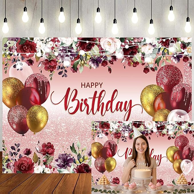 LTLYH Birthday Party Backdrop, 8x6ft, Red Flowers with Golden Glitter, Polyester, Decoration Banner, Photography Background, Birthday Party Supplies