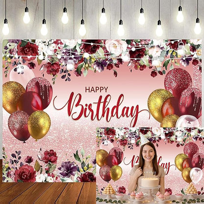 LTLYH Birthday Party Backdrop, 8x6ft, Red Flowers with Golden Glitter, Polyester, Decoration Banner, Photography Background, Birthday Party Supplies