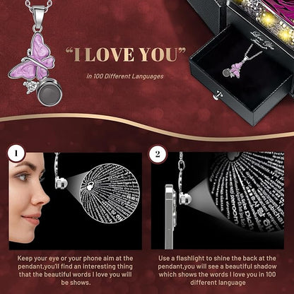 DRTINA Preserved Purple Real Rose with I Love You Butterfly Necklace-Eternal Flowers Rose Birthday Gifts for Women Wife Mom Girlfriend Grandma on Mothers Day Valentines Anniversary Christmas Romantic