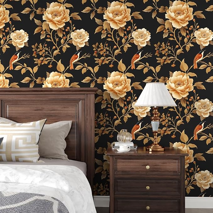Vintage Floral Bird Wallpaper Peel and Stick Boho Wallpaper 17.5in x118in Black/Golden Floral Wall Mural Waterproof Self-Adhesive Modern Wall Paper for Bedroom Kitchen Cabinet Drawer Decor