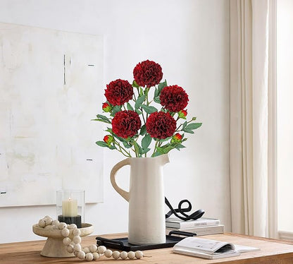 Hollyone 5PCS Dahlia Fall Flowers Artificial for Decoration 24.8" Red Fake Ball Dahlias Autumn Silk Flowers Arrangements Faux Roses Flower with Stems Bouquets Centerpieces Fall Decorations for Home
