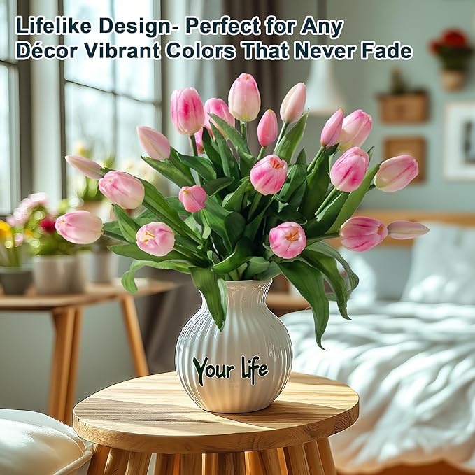 20PCS Fake Tulips Artificial Tulip Silk Flowers Fake PU Bouquet Artificial Flowers Faux Flowers with Gift Box Soft Faux Tulips Bouquets Arrangements for Party Wedding Home