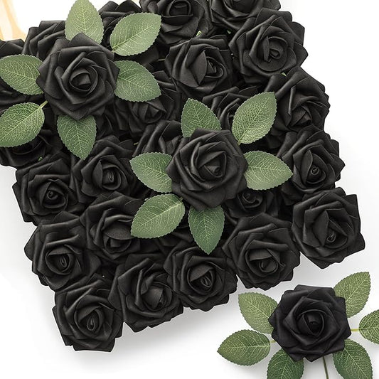 Mocoosy 50Pcs Black Roses Artificial Flowers, Fake Roses for Decorations, Real Touch Foam Rose Bulk with Stem Gothic Wedding Bouquet DIY Floral Arrangements Bridal Shower Valentine's Party Table Decor