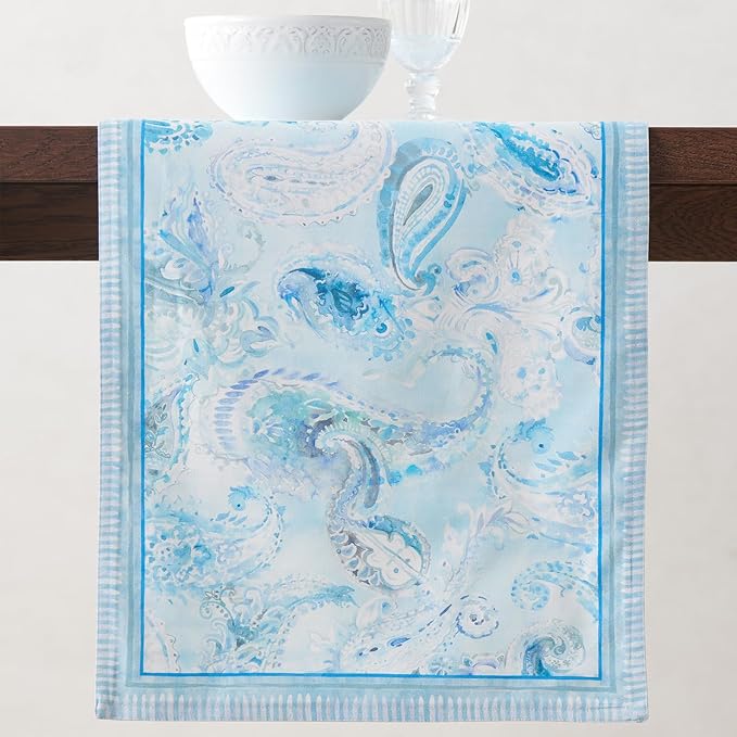 Maison d' Hermine Tablerunner 100% Combed Cotton Premium 14.50 Inch x 108 Inch Decorative Table Runner Table Runners, Dining, Buffet Party & Wedding, Paisley Blues (Double Layer)