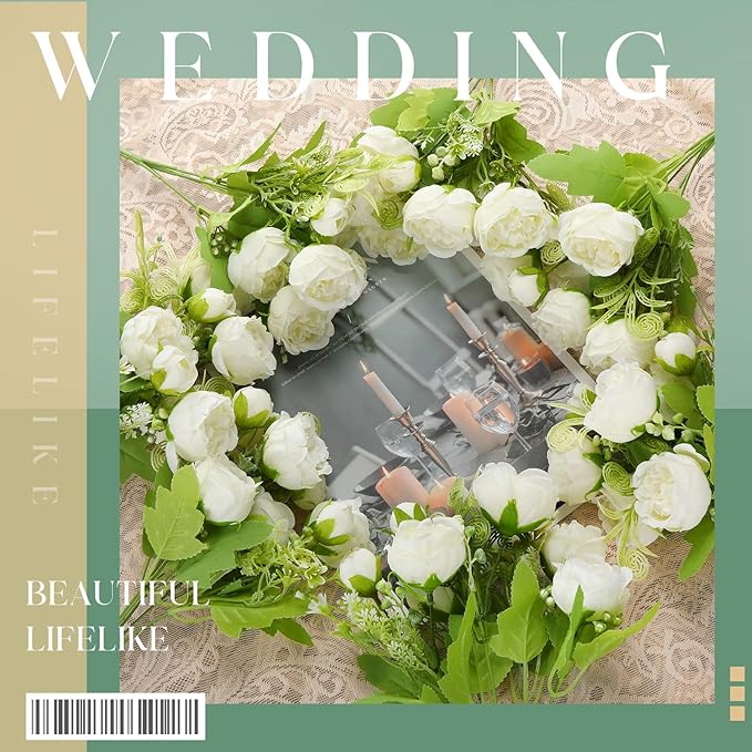 Sumind 16 Bundles Peonies Artificial Flowers Bulk Wedding Silk Faux Flowers with Stems Faux Peony Wedding Bouquets for Bride Florals Arrangements Decor for Table Centerpiece Vase Decoration(White)