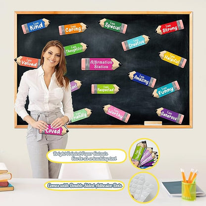 Watercolor Inspirational Mirror Decals Pencil Cutouts Stickers for Bulletin Board Set Kids Motivational Stickers for Galss Window Positive Affirmation Wall Decal for Playroom Nursery Teacher Supplies
