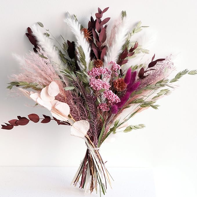 Natural Dried Flower Bouquet - Boho Pampas Grass Decor, Chic Flower Arrangements for Moody Office & Bedroom Decor, DIY Home Vase Filler, Farmhouse Floral, Fall Wedding Bouquet