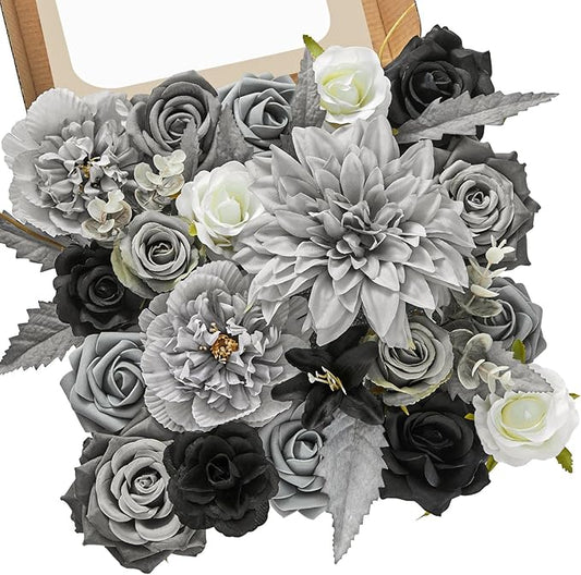 Serwalin Artificial Flowers Grey Fake Flowers Box Set, Silk Flowers with Stems, Faux Wedding Flower Cake Flowers for DIY Wedding Bouquets Bridal Shower Centerpieces Floral Arrangements Decor