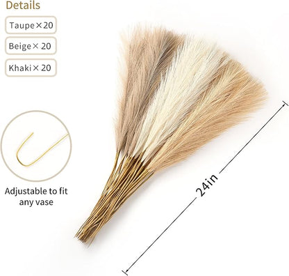 60pcs Pampas Grass Decor - 24 Inch Boho Home Decor, Artificial pompas Floral, Small Faux Pompous Grass for Table Centerpieces, Wedding and Baby Shower Decorations (Taupe & Beige & Khaki)