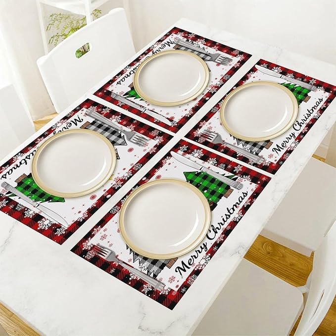 Christmas Tree Placemats Red Country Farmhouse Buffalo Plaid Winter Snowflake Christmas Tree Placemats Table Kitchen Dining Party 12x18 Inch Set of 6