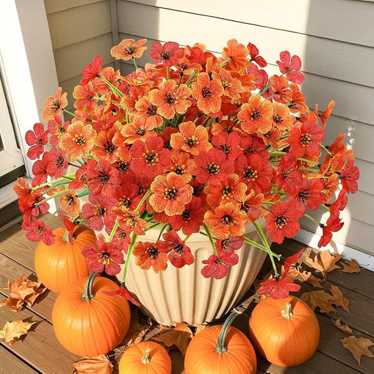 MACTING Artificial Fall Flowers for Outdoors 6 Bundles Faux Mums Outdoor Plants UV Resistant Fake Silk Flowers for Planters Front Door Porch Patio Indoor Outside Autumn Thanksgiving Decor,Orange & Red