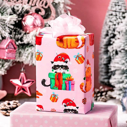 MAYPLUSS Christmas Wrapping Paper Roll - 17 Inch X 33 Feet - Pink Cute Cat Christmas Hat Reversible Polka Dot Gift Wrapping Paper, Thick Wrap Paper for Holiday Party New Year Kids