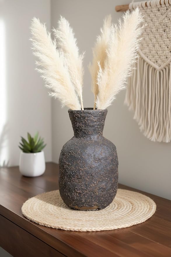 Rustic Textured Clay Vase - 7IN Round Ceramic Vase Vintage Farmhouse Style Decor, Circle Wabi Sabi Vases for Farmhouse Home Decor, Decor Living Room, Table, Shelf (brown2)