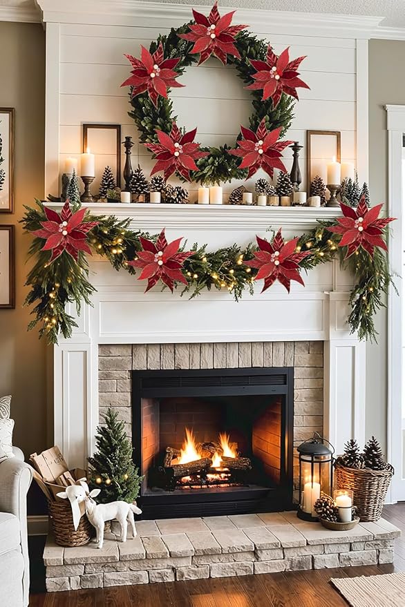 DILATATA 3 Pcs Artificial Christmas Flowers 13 Inch Glitter Poinsettia Picks Christmas Tree Ornaments Topper Decorations Red Poinsettias Flowers for Xmas New Year Wreath Garland Wedding Home Decor
